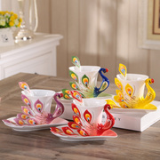3d个性陶瓷创意孔雀骨瓷咖啡杯碟，勺情人节对杯子欧式茶杯套装优雅