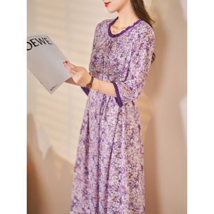 迪欧芙2023年夏季圆领粉紫色，优雅式七分袖连衣裙女#xlq14303