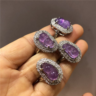 天然玉石缅甸翡翠老坑料冰种紫罗兰冰紫色福豆葫芦翡翠戒指镶嵌款
