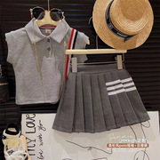 女童套装学院风Polo领条纹蝙蝠衫百褶短裙两件套2024夏装