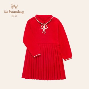 新年装女童红色套头毛衣裙(毛衣裙)2020秋冬儿童纯色加厚毛线连衣裙
