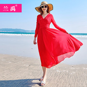 三亚巴厘岛海边度假沙滩，裙超仙红色连衣裙，女旅游裙子波西米亚长裙