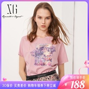xg雪歌印花蝙蝠袖T恤女2022夏套头圆领上衣XH201048A802