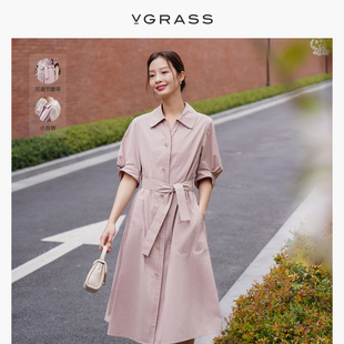 vgrass气质风衣式棉，短袖连衣裙女夏季衬衫式方领vsl2o23420