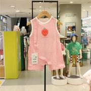 organic有机棉女宝，纯棉格子连体衣韩国24夏季婴儿背心爬服