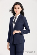 春秋女士正装职业装气质修身仿毛蓝色条纹套装，韩版时尚工装西服