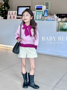 韩版女童装儿童秋冬装淑女拼色长袖宝宝套头毛衣针织衫条绒靴裤