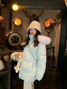 蓝色大毛领羽绒棉服外套，女冬季韩系甜美休闲百搭加厚保暖棉袄