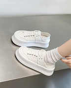 秋季2022韩版可踩脚帆布鞋圆头系带白色厚底松糕跟休闲鞋两穿