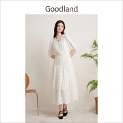 Goodland美地2024春夏系列度假风法式绣花白色连衣裙长裙