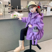 女童棉衣冬装外套2024年紫色，羽绒棉棉服韩版小女孩中长款棉袄