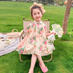 女童夏装泡泡袖连衣裙，2024儿童洋气短袖衬衫裙，宝宝薄款公主裙