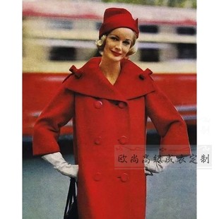 高级定制赫本复古红色大翻领，羊毛大衣呢子，外套女长款宽松时尚秋冬