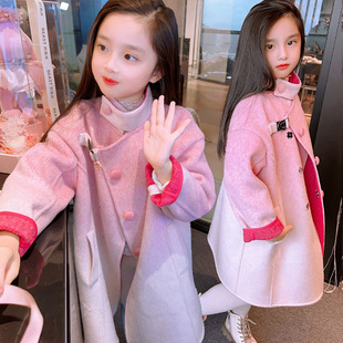 韩国女童双面呢大衣秋冬季洋气，公主粉色羊绒大衣儿童羊毛呢子外套
