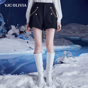 VJC OLIVIA2023秋冬黑色西装短裤斜纹加厚链条高腰裤女装
