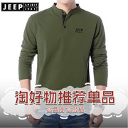 jeep春秋男士长袖t恤圆领，宽松休闲字母，带扣男装大码美式打底衫