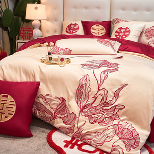 简爱婚礼床上用品全棉60支长绒棉绣花红色结婚被套床单床盖四件套