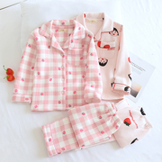 日系儿童甜美草莓，秋冬纯棉加厚空气层睡衣女童，公主三层夹棉家居服