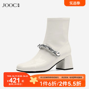 jooc玖诗圆头粗跟短靴女秋冬秋法式女靴小众，设计短靴拼色6503