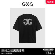 GXG男装 黑色精致绣花简约休闲圆领短袖T恤男士上衣24年夏