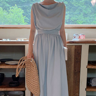 韩国chic夏季小众奶软蓝堆堆领束腰，显瘦无袖背心大摆型连衣裙长裙