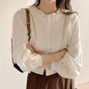 春韩国chic法式甜美减龄木耳边上衣拼接立领洋气压褶长袖内搭衬衫