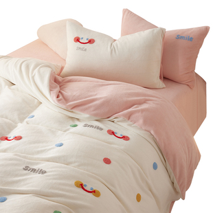 公主加厚牛奶绒四件套刺绣毛巾绣床上用品彩色波点珊瑚绒被套床单