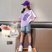 女童短袖t恤半袖上衣2024儿童大童女孩紫色体恤纯棉洋气时髦