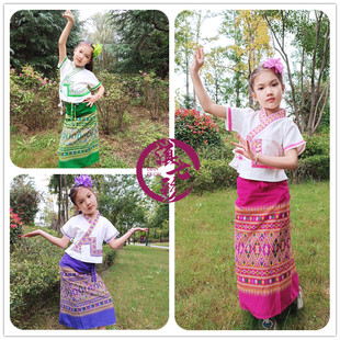 短袖白衣小傣族女童装，棉布套装玫红绿色，紫色裙西双版纳傣族女