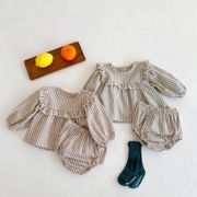 韩版童装春秋婴幼儿童女宝宝荷叶领条纹长袖裙子+面包裤两件套装