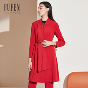 fufen福芬风衣春秋季中长款女修身显瘦v领红色外套FY-13923