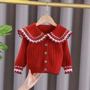 女童针织开衫小童外套洋气，2023春秋儿童，红色新年毛衣宝宝春装