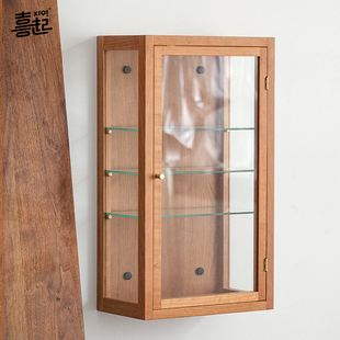 黑胡桃实木墙上玻璃收纳展示柜 壁挂式手办盲盒茶具茶杯子陈列柜