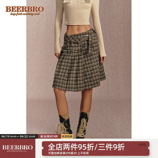 BeerBro 美式复古格子半身裙女春秋薄款呢子学院风百褶短裙可调节