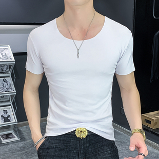 无痕短袖男t恤男士夏季薄款运动紧身半袖修身韩版低领白色打底衫