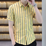 男士短袖衬衫韩版潮流个性帅气修身型衬衣薄款条纹上衣服夏季