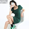 棉致绿色法式方领短袖连衣裙女夏季大码修身收腰显瘦t恤裙高级感