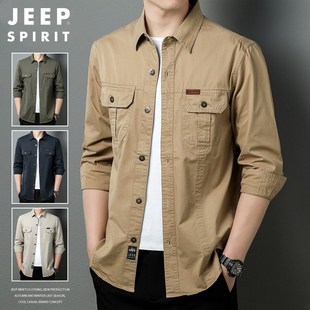 jeep工装长袖衬衫，男春秋季中年大码衬衣，外套男式纯棉休闲夹克