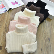 韩国男女儿童一体绒纯色坑条保暖高领套头针织打底衫中大儿童毛衣