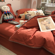 ins水洗棉北欧红色，纯色床上四件套全棉，纯棉文艺1.5m1.8米被套床单