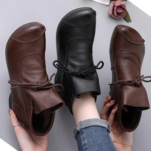 原创复古软皮手工缝制秋冬靴子高帮短靴低跟软底加绒女靴马丁靴子