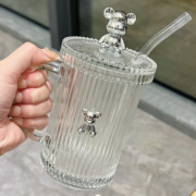 小熊透明玻璃杯加厚带把手带盖高颜值耐热家用玻璃水杯吸管杯