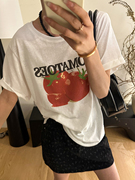 番茄印花图案短袖T恤女欧洲站夏装2024欧货女装韩版打底衫潮