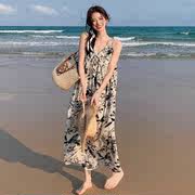 2023法式吊带水墨画碎花沙滩连衣裙女夏季外穿质感高级感气质