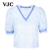 VJC/威杰思女装春夏短款上衣V领气质减龄短袖甜美波点