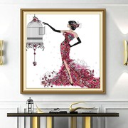 高端棉线印花十字绣鸟笼的优雅人物系列客厅，卧室小幅自绣刺绣挂画