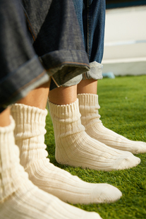 BeeffSocks男女中国制有机棉加厚保暖粗线针织复古日系中筒堆堆袜