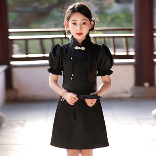 女童旗袍黑色儿童中国风洋气公主礼服裙泡泡袖夏季小孩改良连衣裙