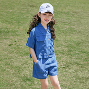 童装女童夏季薄款韩版时尚，两件套中大童女孩牛仔，套装儿童短袖短裤