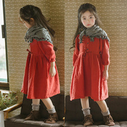 秋冬季童装女童韩版红色长袖圆领双层纯棉，连衣裙中大儿童圣诞长裙